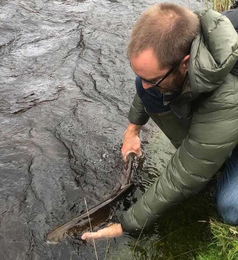 Iain releasing his first fish